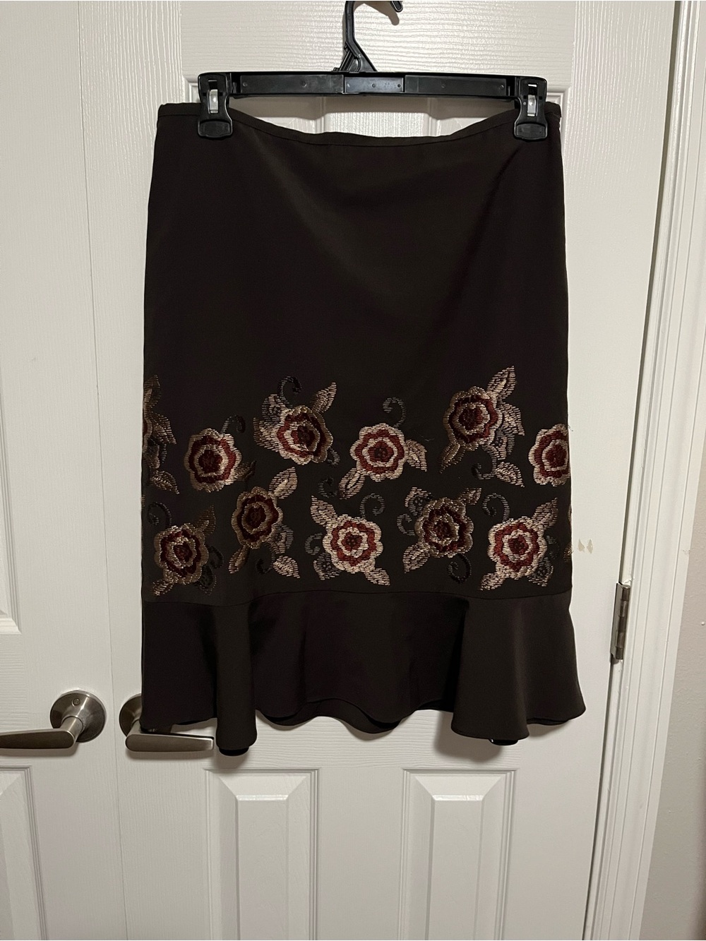 Embroidered Floral Brown Ruffle Hem Skirt